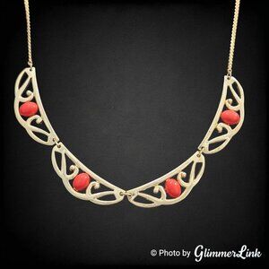 Vintage 70s Coral Glass Cabochon Openwork Gold Tone Bib Necklace 19"